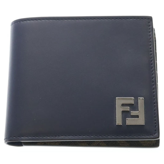 Fendi FF Square Bifold Wallet Compact Card Case Navy Brown Leather Silver