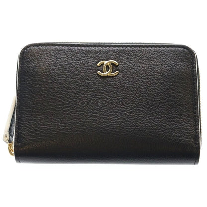 Chanel CC Logo Zip Coin Case Mini Wallet Black Leather Gold