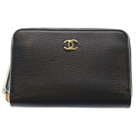 Chanel CC Logo Zip Coin Case Mini Wallet Black Leather Gold