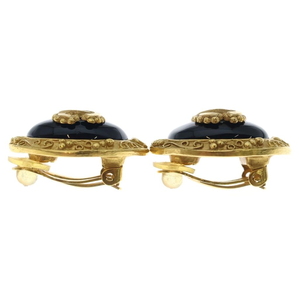 Chanel CC Logo Oval Round Earrings Black Gold — view 4
