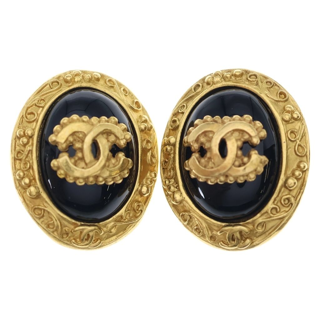 Chanel CC Logo Oval Round Earrings Black Gold