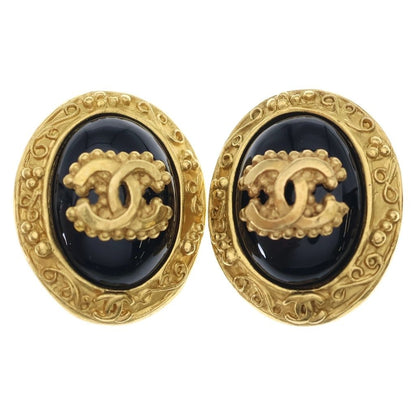 Chanel CC Logo Oval Round Earrings Black Gold