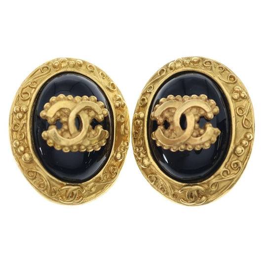 Chanel CC Logo Oval Round Earrings Black Gold