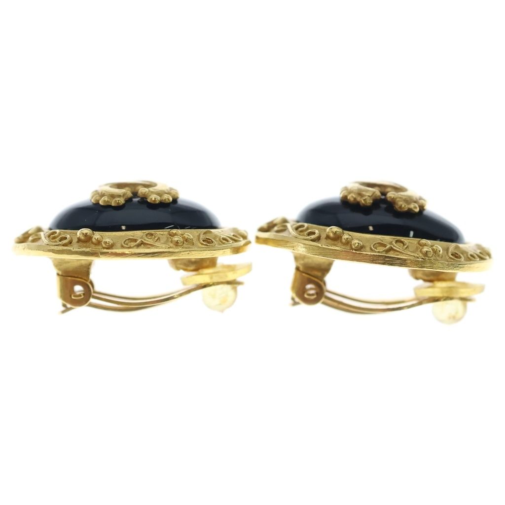 Chanel CC Logo Oval Round Earrings Black Gold — view 3