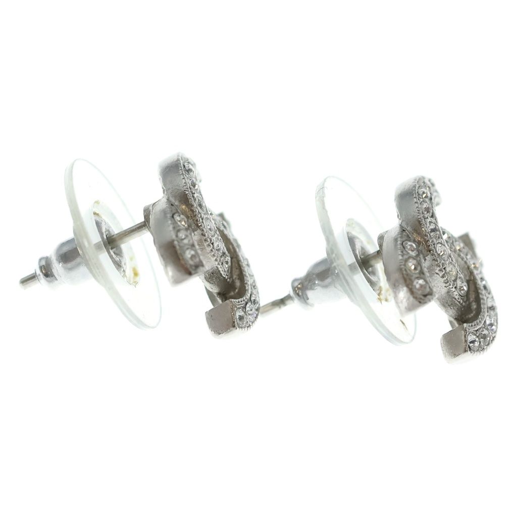 Chanel CC Logo Rhinestone Earrings Silver — view 4