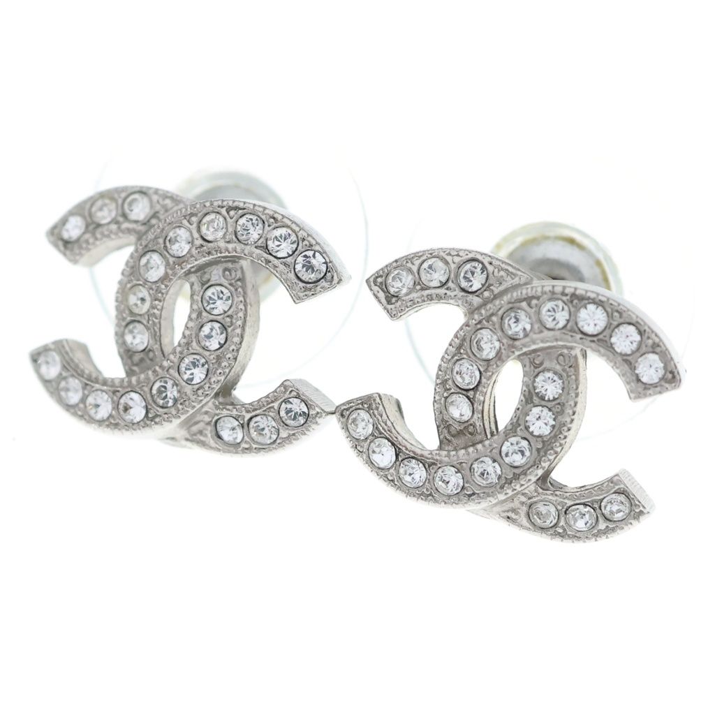 Chanel CC Logo Rhinestone Earrings Silver