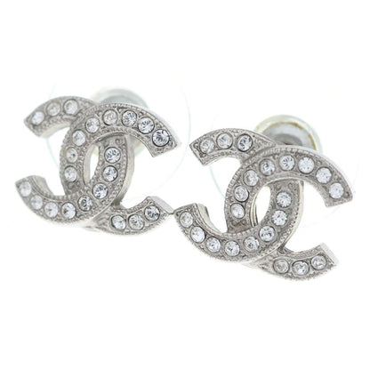 Chanel CC Logo Rhinestone Earrings Silver