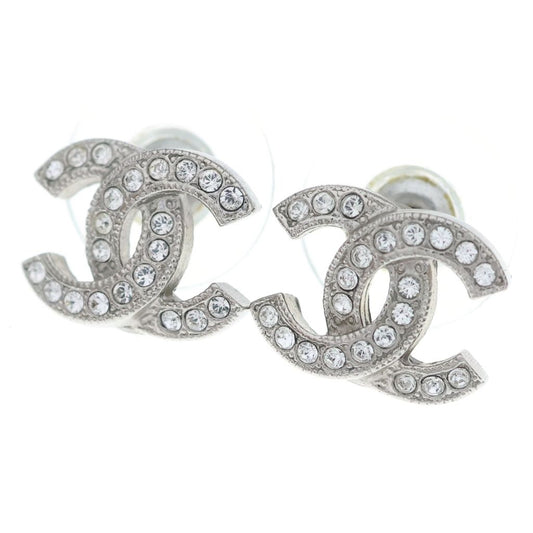 Chanel CC Logo Rhinestone Earrings Silver