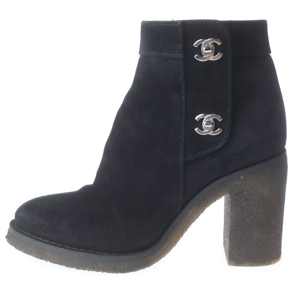 Chanel Short Boots CC Logo Turnlock Black Suede Leather