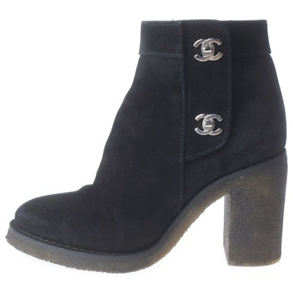 Chanel Short Boots CC Logo Turnlock Black Suede Leather