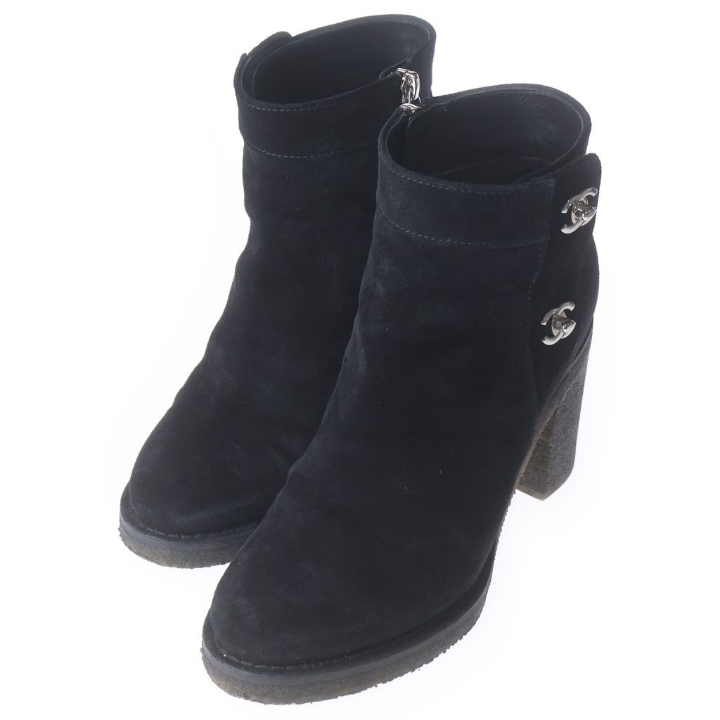 Chanel Short Boots CC Logo Turnlock Black Suede Leather — view 2