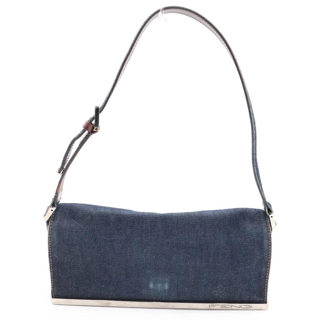 Fendi Logo One Mini Shoulder Bag Indigo Blue Brown Denim Leather Silver