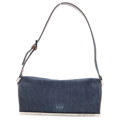 Fendi Logo One Mini Shoulder Bag Indigo Blue Brown Denim Leather Silver