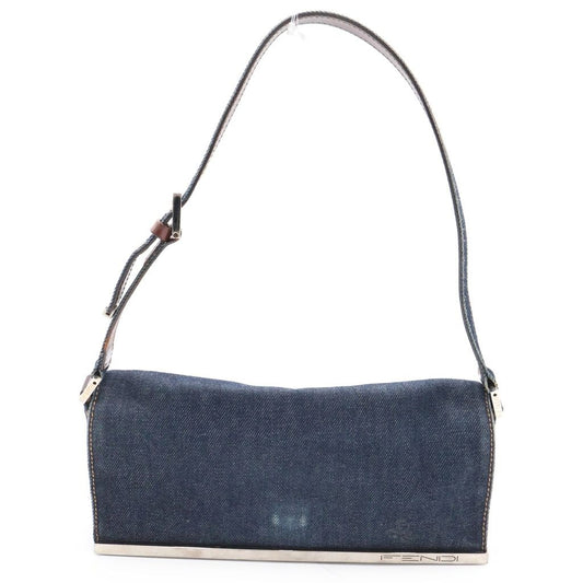 Fendi Logo One Mini Shoulder Bag Indigo Blue Brown Denim Leather Silver