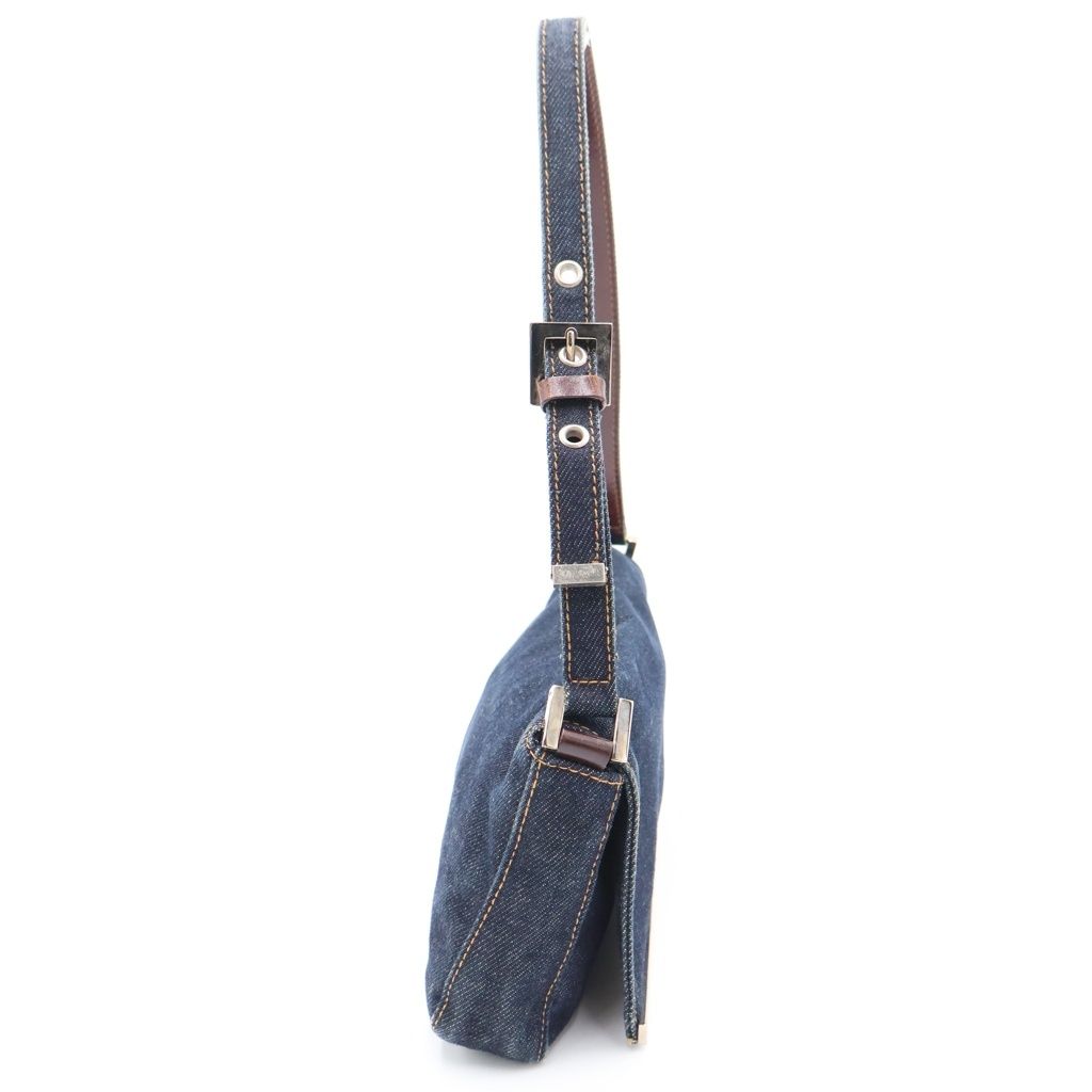 Fendi Logo One Mini Shoulder Bag Indigo Blue Brown Denim Leather Silver — view 3