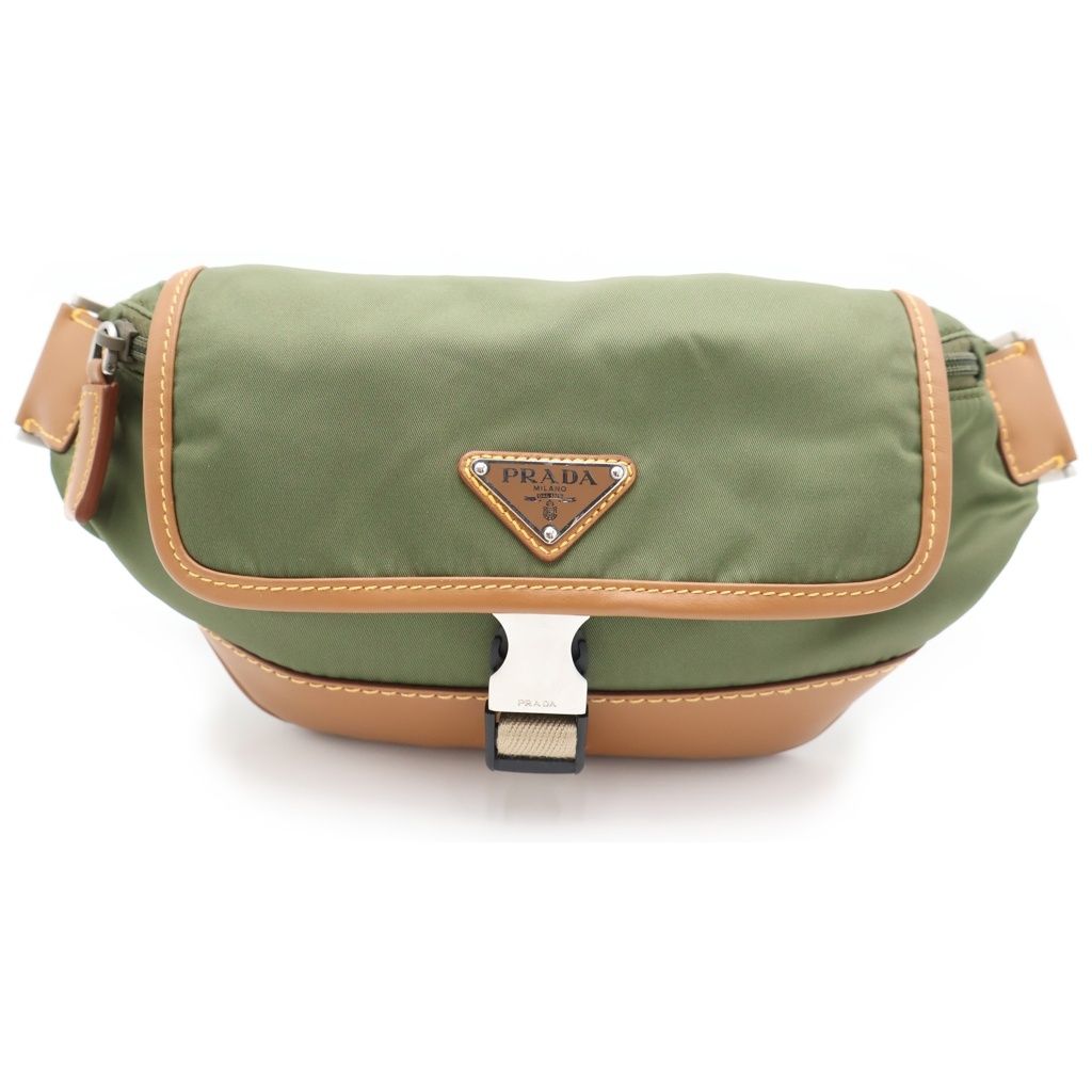 Prada Re-Nylon Triangle Logo Leather Belt Bag Waist Pouch Khaki Brown