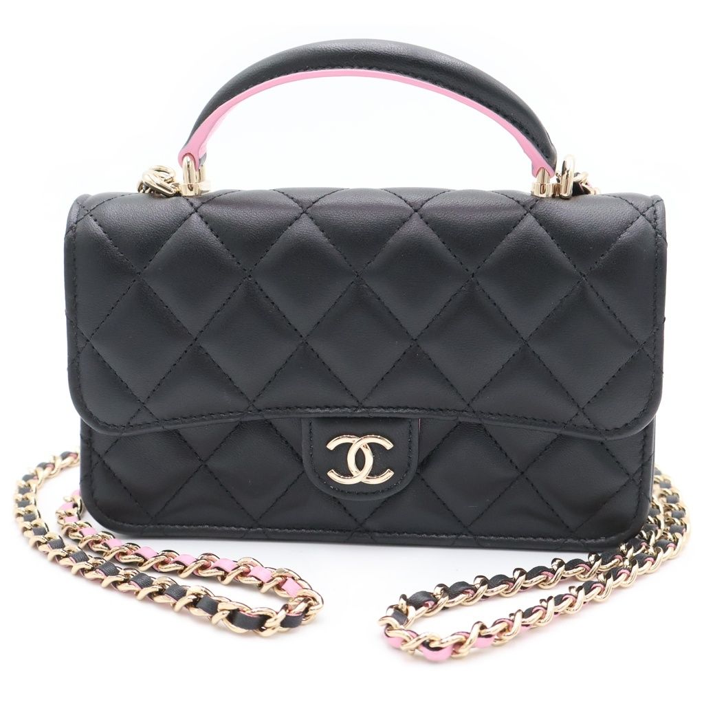 Chanel Quilted Phone Case Shoulder Bag Mini Chain Black Pink Lambskin Gold