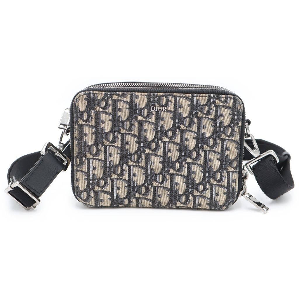 Dior Oblique Messenger Bag Mini Beige Navy Leather Canvas Silver