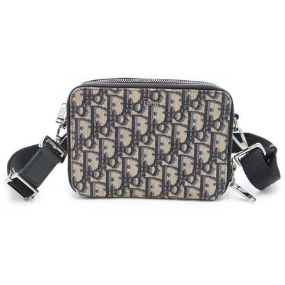 Dior Oblique Messenger Bag Mini Beige Navy Leather Canvas Silver