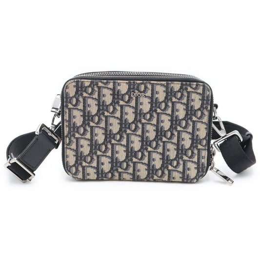 Dior Oblique Messenger Bag Mini Beige Navy Leather Canvas Silver