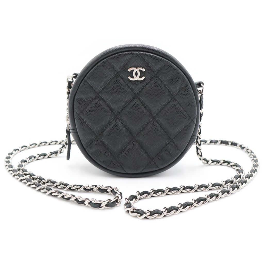 Chanel Quilted Round Chain Mini Shoulder Bag Black Caviar Leather Silver