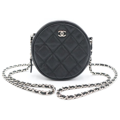 Chanel Quilted Round Chain Mini Shoulder Bag Black Caviar Leather Silver