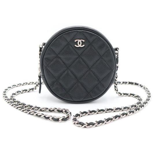 Chanel Quilted Round Chain Mini Shoulder Bag Black Caviar Leather Silver