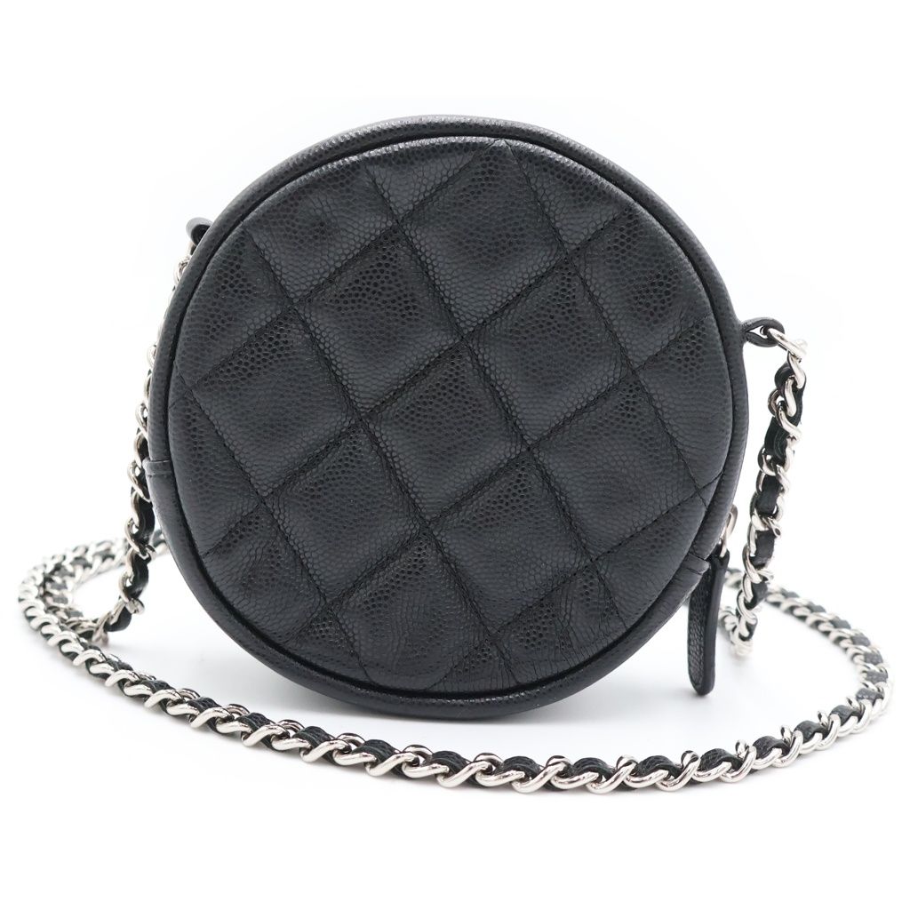 Chanel Quilted Round Chain Mini Shoulder Bag Black Caviar Leather Silver — view 2