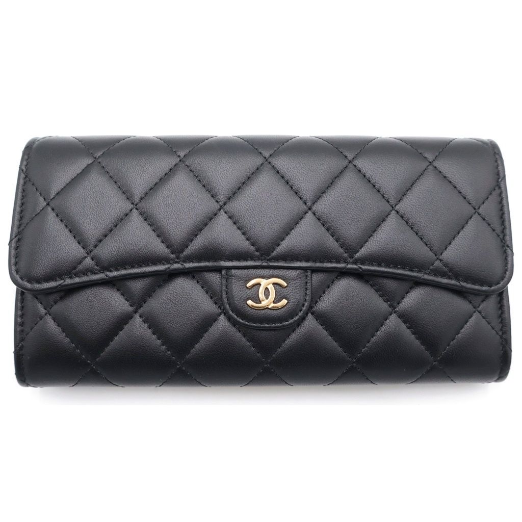 Chanel Quilted Long Flap Wallet Card Case Black Lambskin Gold