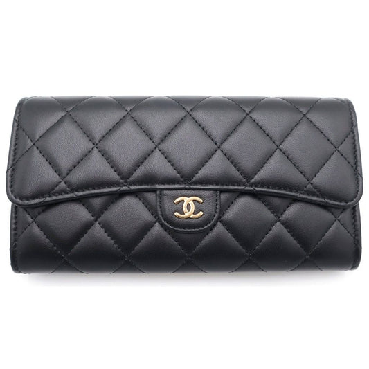 Chanel Quilted Long Flap Wallet Card Case Black Lambskin Gold