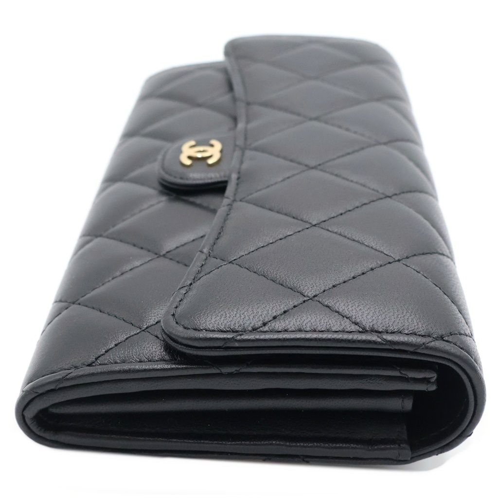 Chanel Quilted Long Flap Wallet Card Case Black Lambskin Gold — view 3