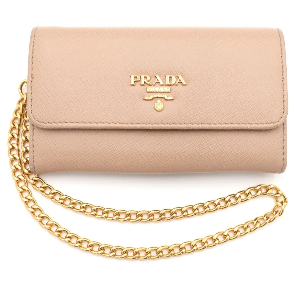Prada Saffiano Chain Wallet Charm Leather Beige Gold