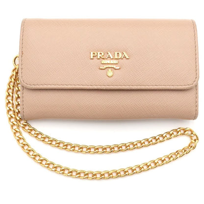 Prada Saffiano Chain Wallet Charm Leather Beige Gold