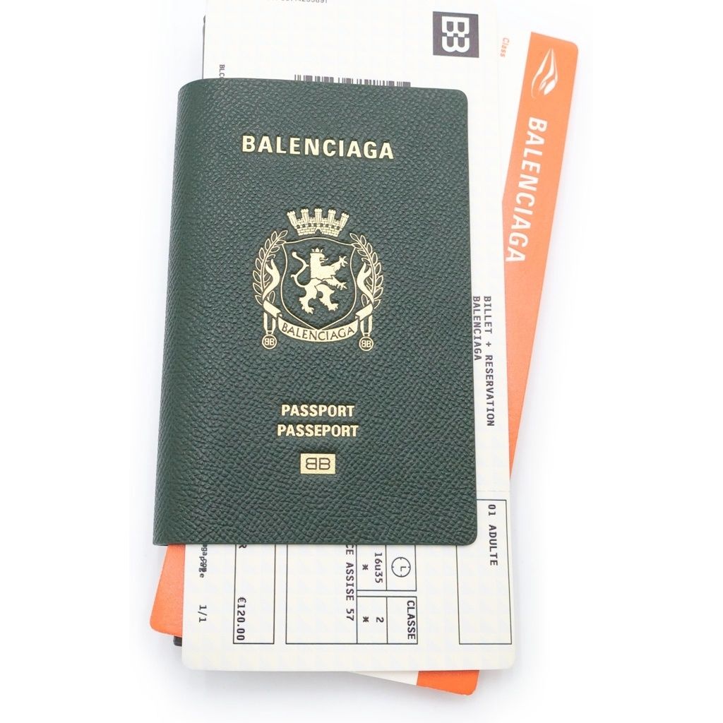 Balenciaga Passport Motif Bifold Wallet Card Case Green Orange Leather Silver
