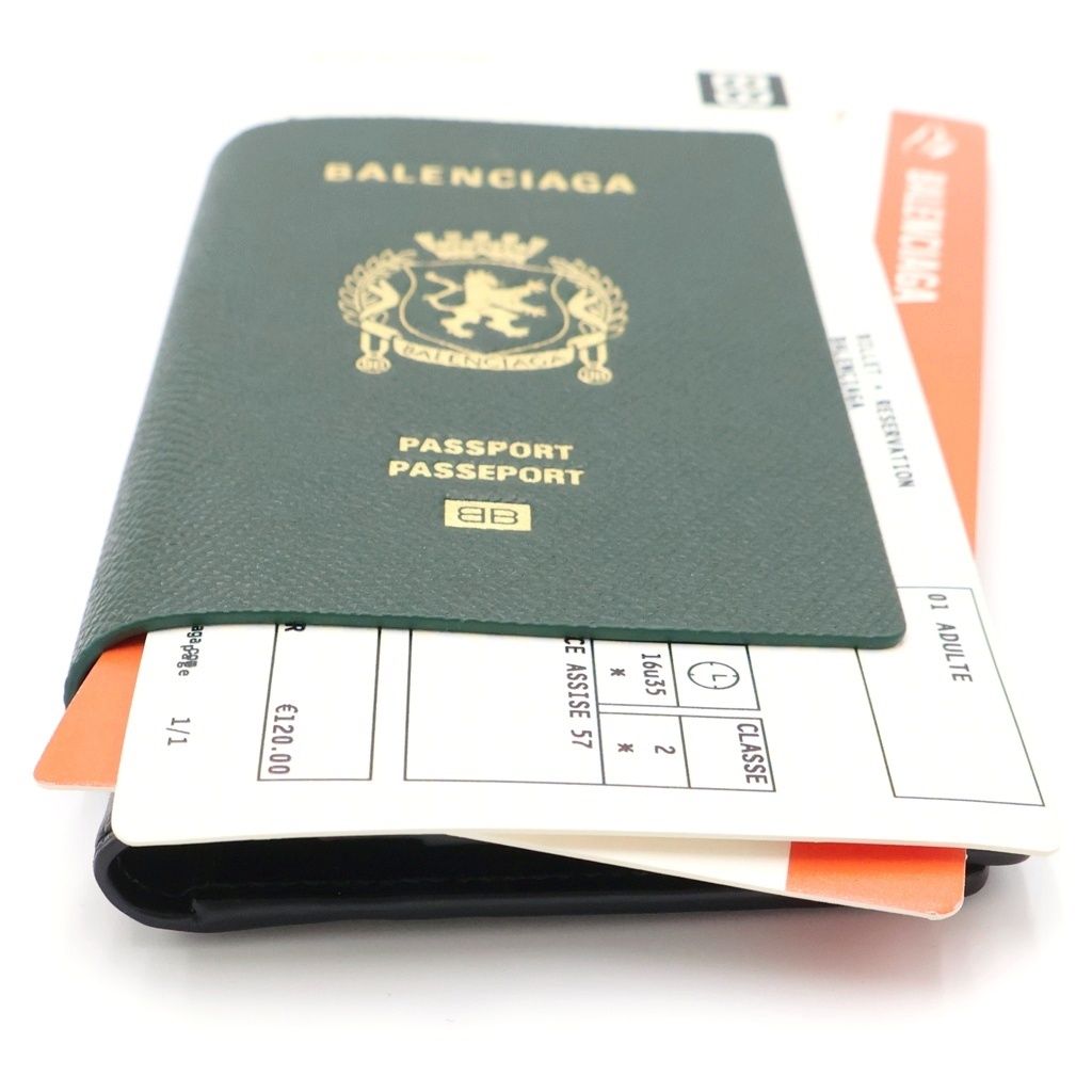 Balenciaga Passport Motif Bifold Wallet Card Case Green Orange Leather Silver — view 3