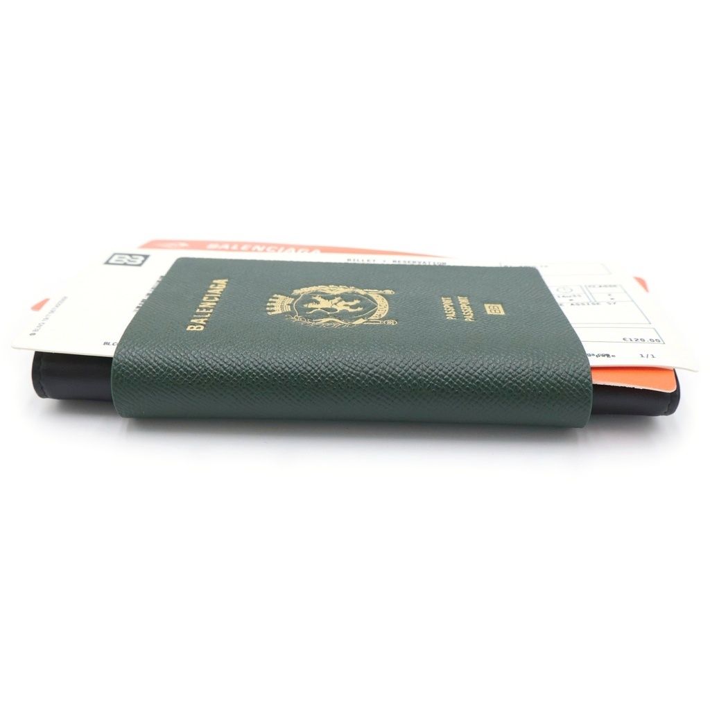 Balenciaga Passport Motif Bifold Wallet Card Case Green Orange Leather Silver — view 4
