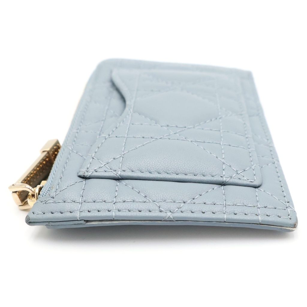 Dior Cannage Zip Fragment Case Card Holder Mini Wallet Light Blue Leather Gold — view 3