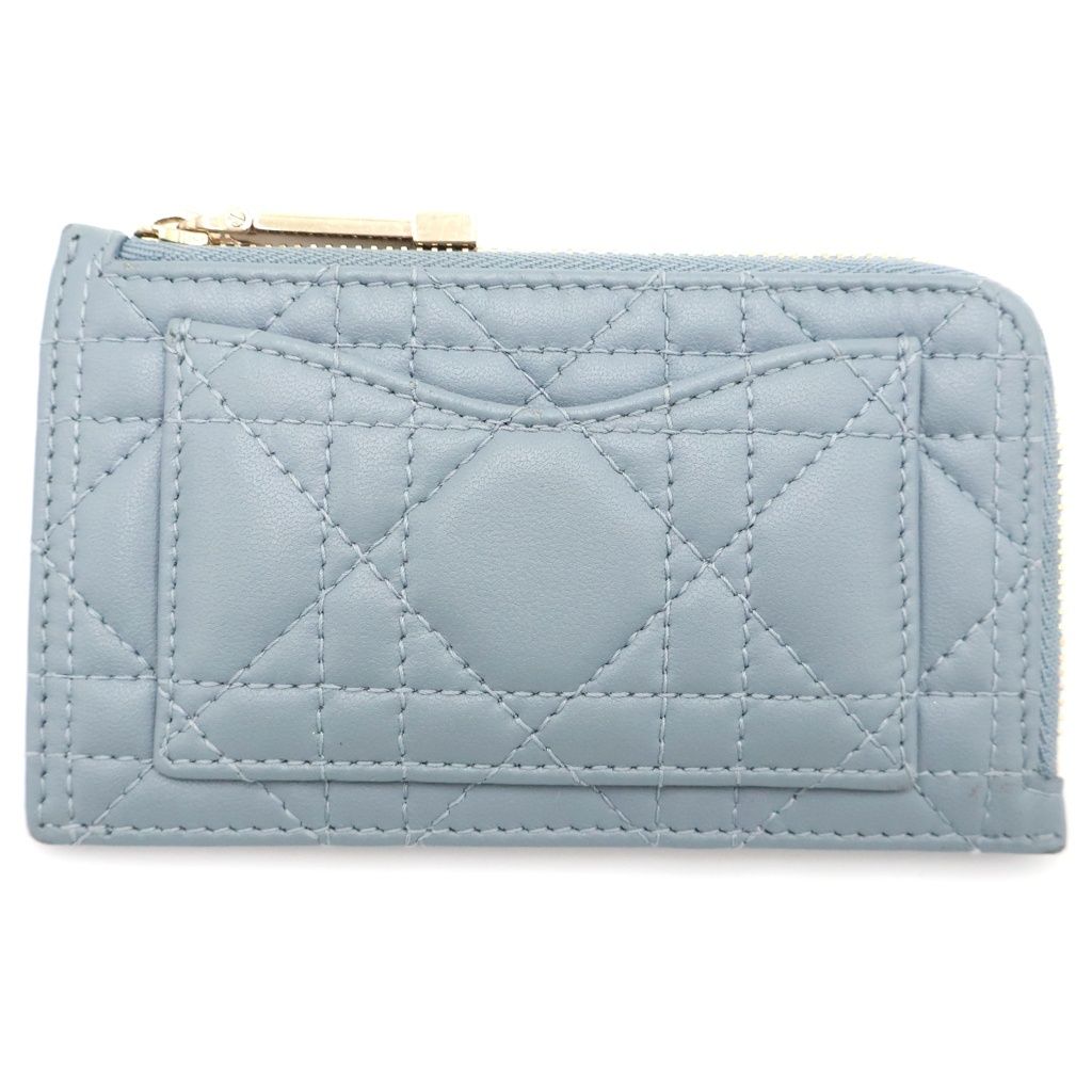 Dior Cannage Zip Fragment Case Card Holder Mini Wallet Light Blue Leather Gold