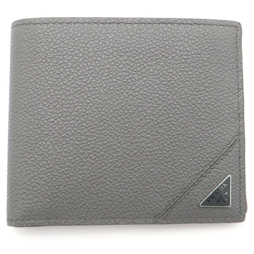 Prada Triangle Logo Compact Wallet Bifold Gray Leather