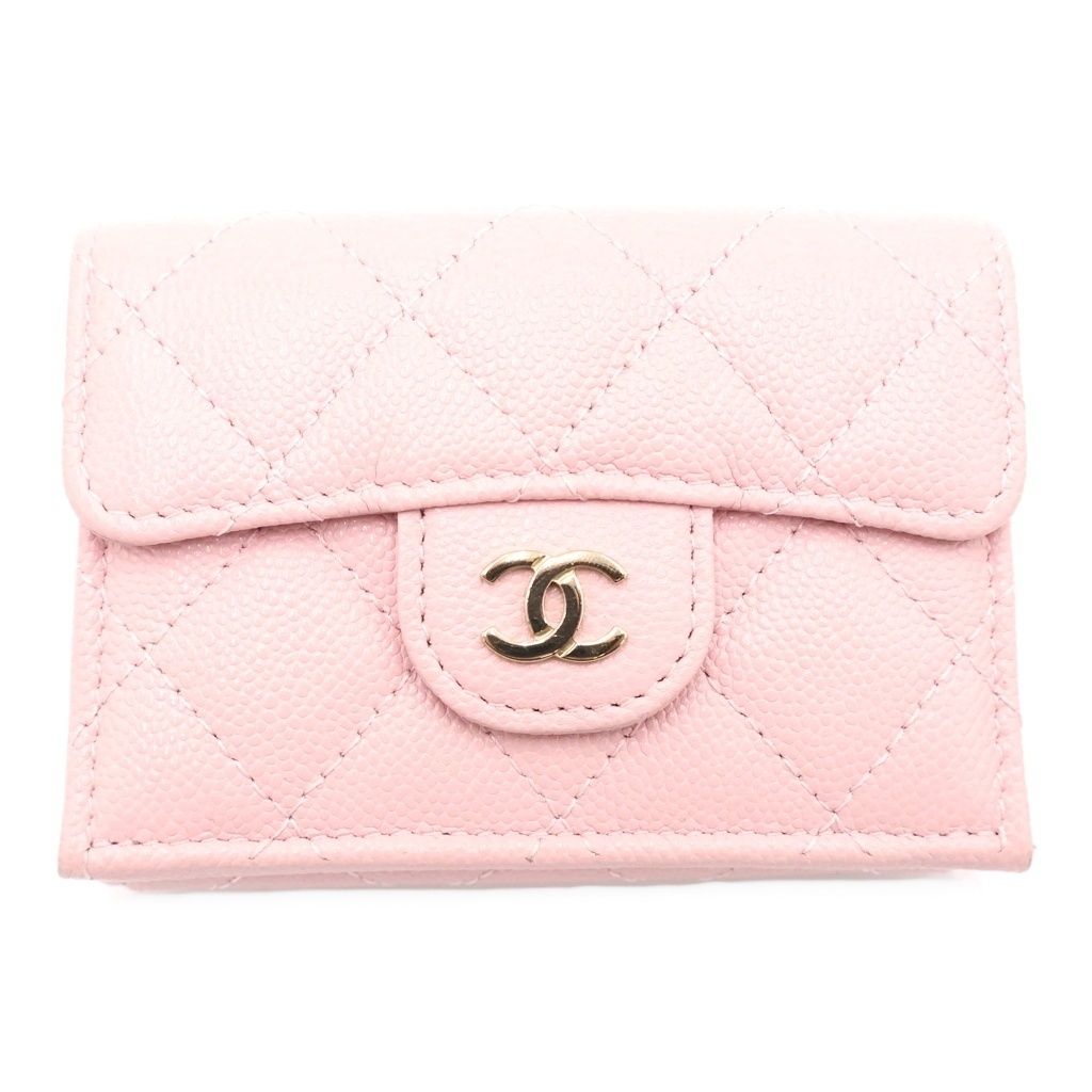 Chanel Quilted Trifold Wallet Compact Coin Case Mini Pink Caviar Leather Gold