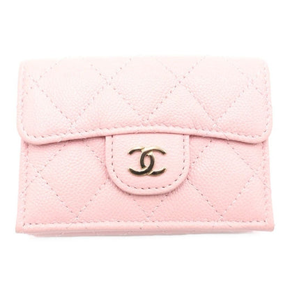 Chanel Quilted Trifold Wallet Compact Coin Case Mini Pink Caviar Leather Gold