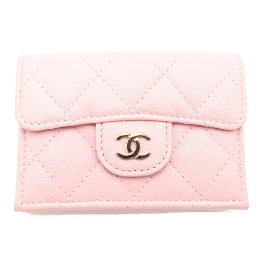 Chanel Quilted Trifold Wallet Compact Coin Case Mini Pink Caviar Leather Gold