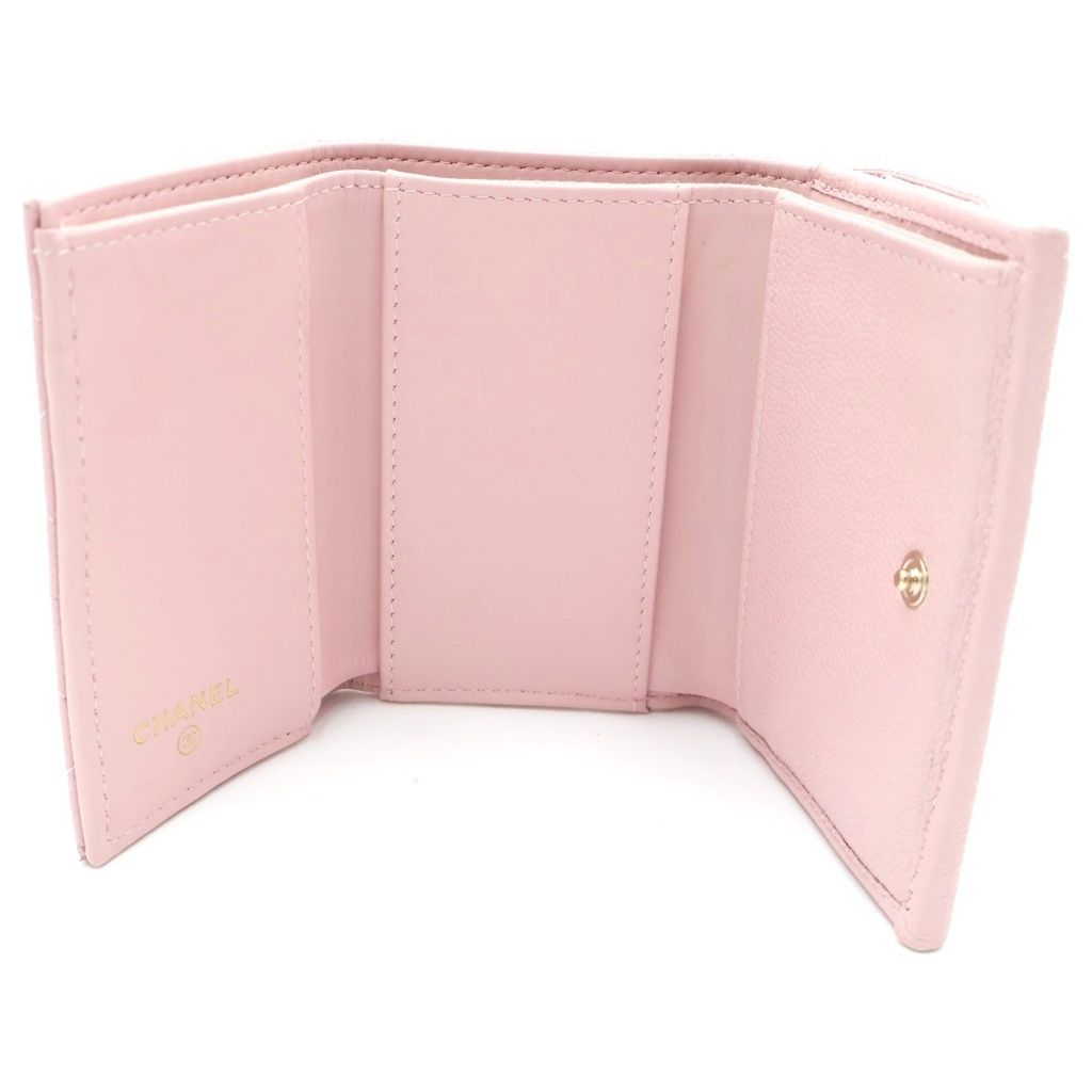 Chanel Quilted Trifold Wallet Compact Coin Case Mini Pink Caviar Leather Gold — view 4