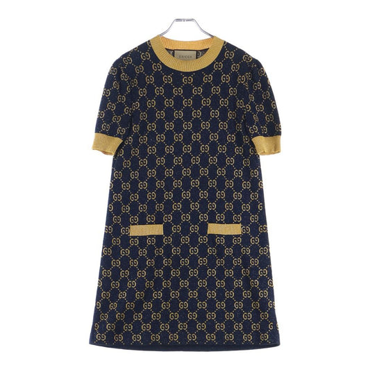 Gucci GG All Over Pattern Lame Jacquard All in One Short Sleeve Dress Navy