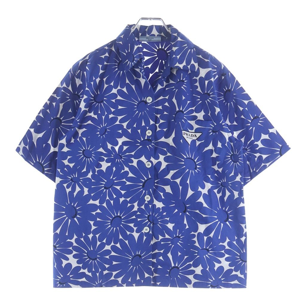 Prada Open Collar Flower Print Short Sleeve Shirt Blue White 38