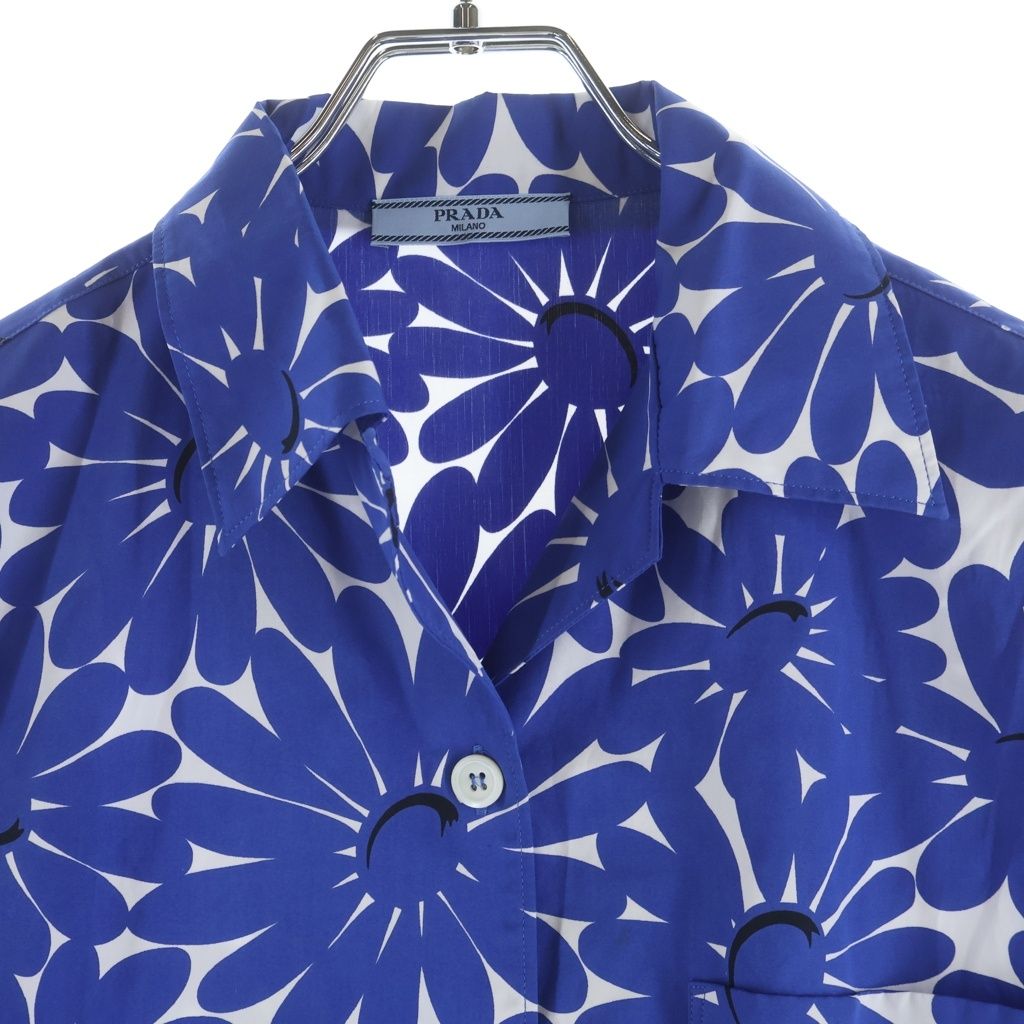 Prada Open Collar Flower Print Short Sleeve Shirt Blue White 38 — view 3