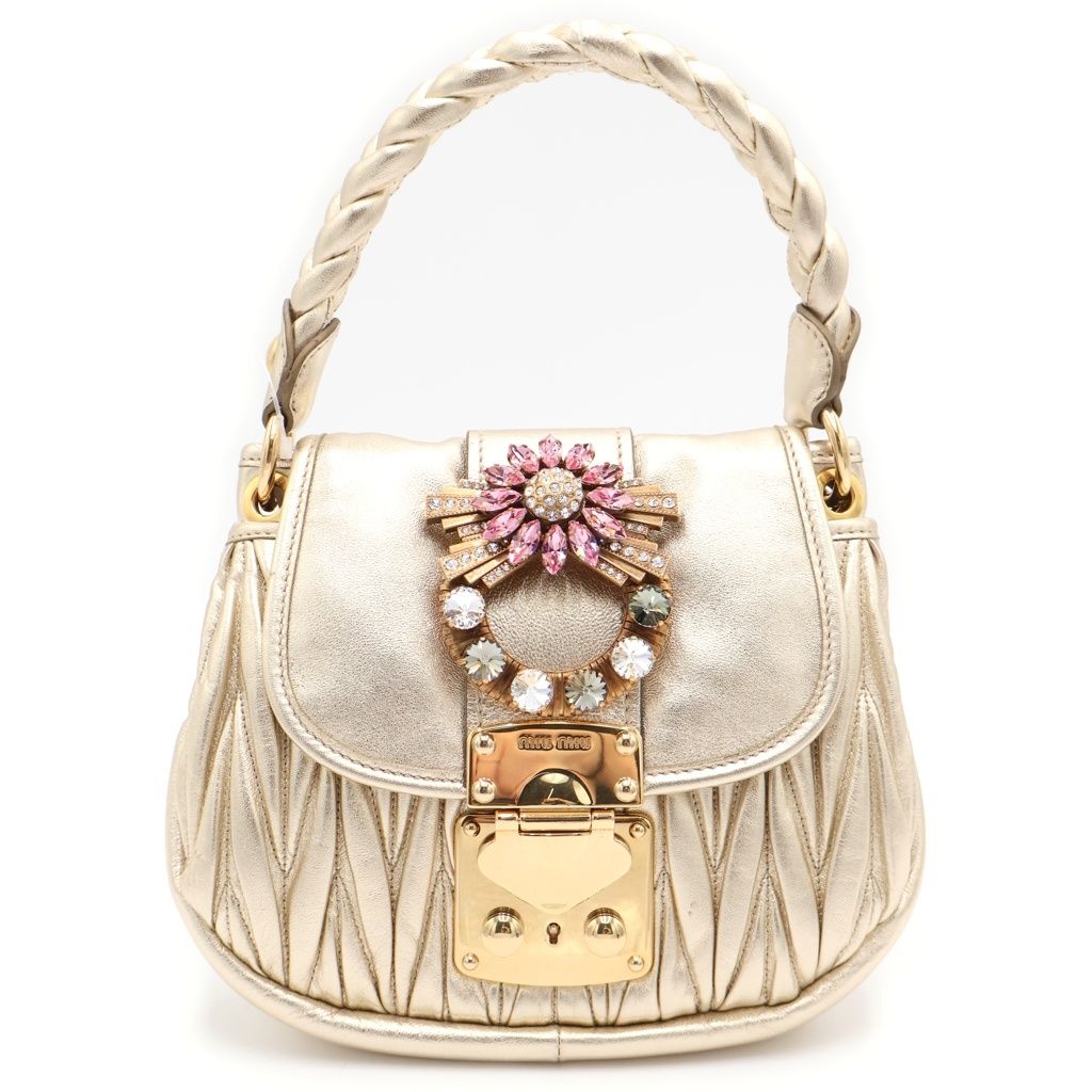 Miu Miu Matelasse Crystal 2-Way Mini Shoulder Bag Gold Leather