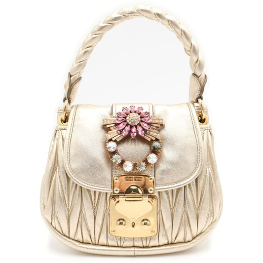 Miu Miu Matelasse Crystal 2-Way Mini Shoulder Bag Gold Leather