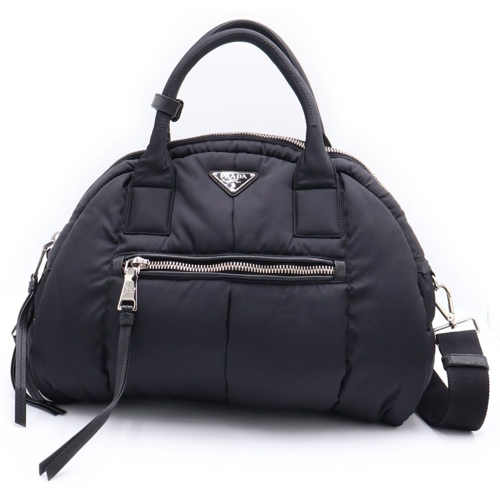 Prada Bomber Tessuto 2-Way Shoulder Bag Black Nylon Silver