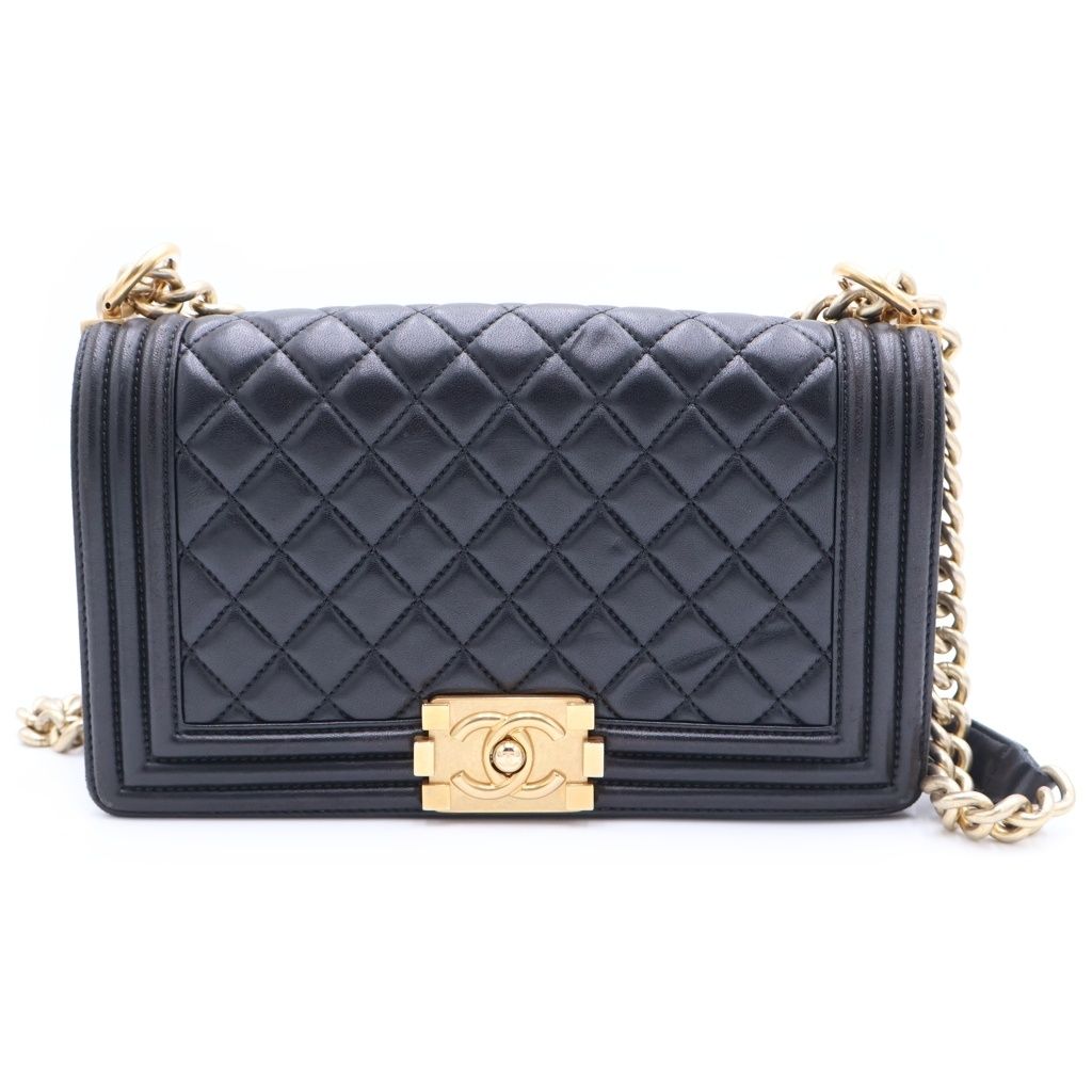 Chanel Lambskin Leather Chain Shoulder Bag Black Gold